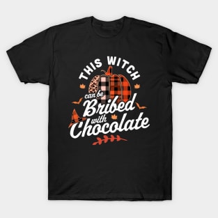 This Witch Can Be Bribed With Chocolate Halloween Fall Plaid T-Shirt